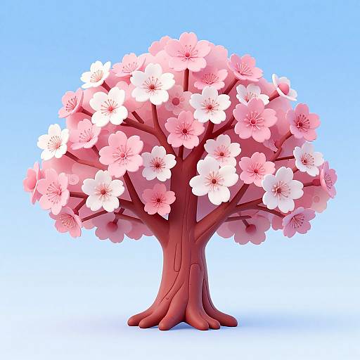 Digital illustration of a stylized cherry tree with vibrant pink and white flowers, brown trunk, and branches, set against a gradient blue background.