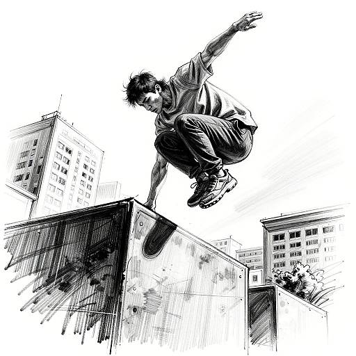 Black-and-white sketch of a skateboarder mid-air over urban buildings, arms outstretched, wearing a shirt and shorts, captured in dynamic motion.