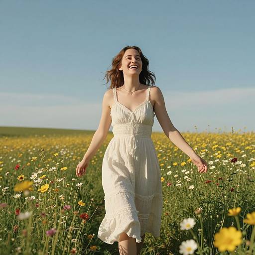 Photograph of a smiling woman with light brown hair, wearing a white sundress, joyfully walking through a vibrant, sunny meadow filled with yellow