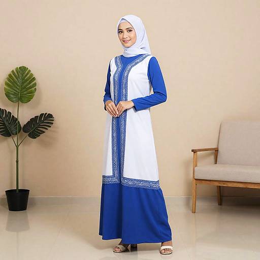 Elegant Woman in Blue White Dress