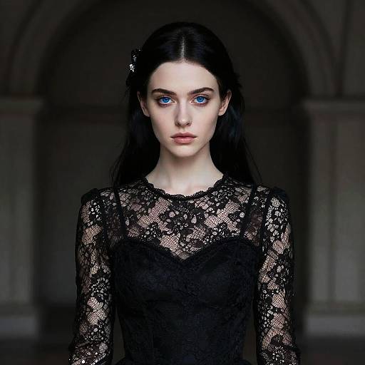 Photograph of a pale-skinned woman with striking blue eyes, long black hair, and wearing a black lace dress, standing in a dimly lit