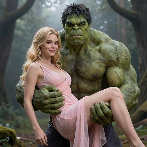 Intense Hulk Holding a Smiling Woman