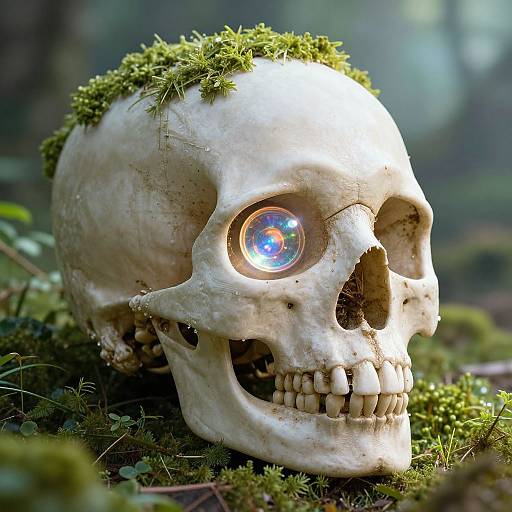 Photograph of a white skull with moss-covered top and a glowing, rainbow-colored eye, set in a foggy forest floor.