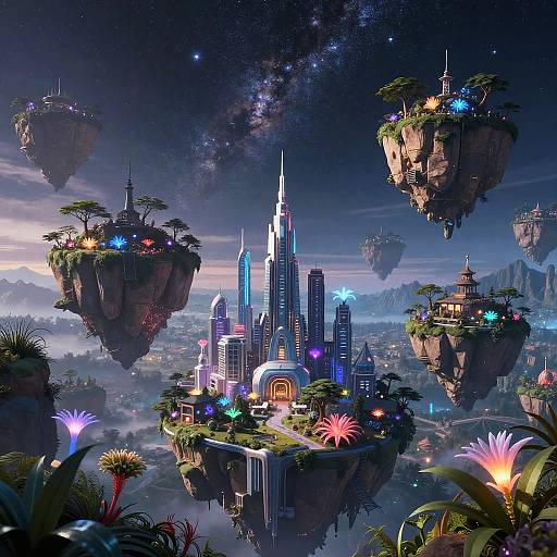 Digital fantasy artwork of a vibrant floating cityscape with illuminated skyscrapers, colorful floating islands, lush flora, and a starry galaxy background.
