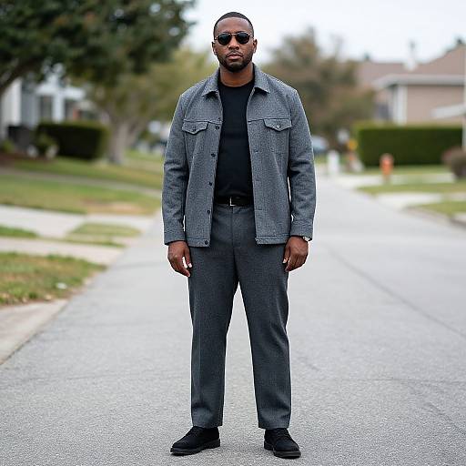 Photograph of a tall, Black man with a trimmed beard, wearing a gray checkered jacket, black shirt, gray pants, and black shoes,
