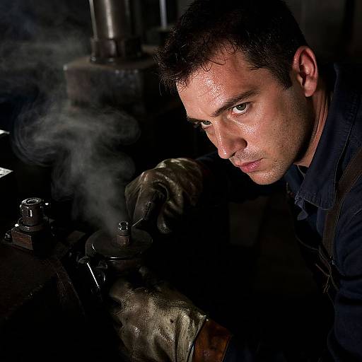 Photograph of a serious, sweaty, dark-haired man in black, wearing brown gloves, focusing intently on a steamy, industrial machine.