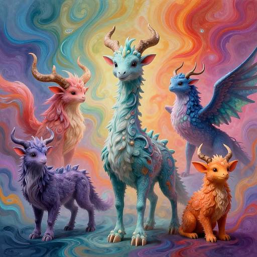 Digital artwork of five mythical, fluffy, horned creatures with colorful fur and wings, set against a vibrant, swirling rainbow background.