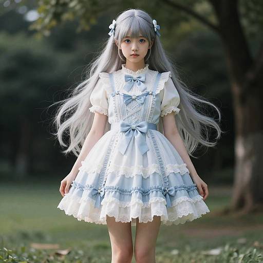 Young Woman in Blue Lolita Dress Outdoors