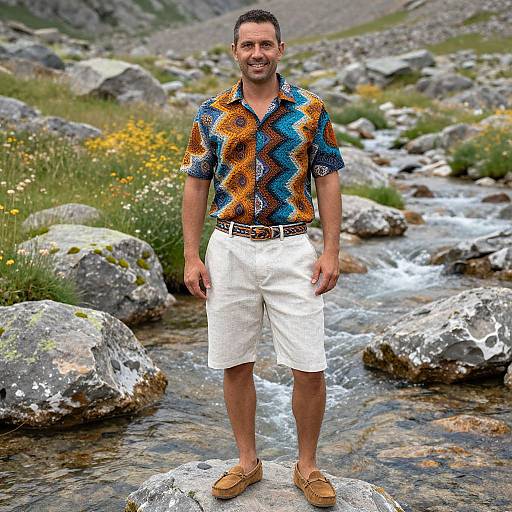 Photograph of a smiling man with short dark hair, wearing a colorful zigzag shirt, white shorts, and tan loafers, standing in a rocky