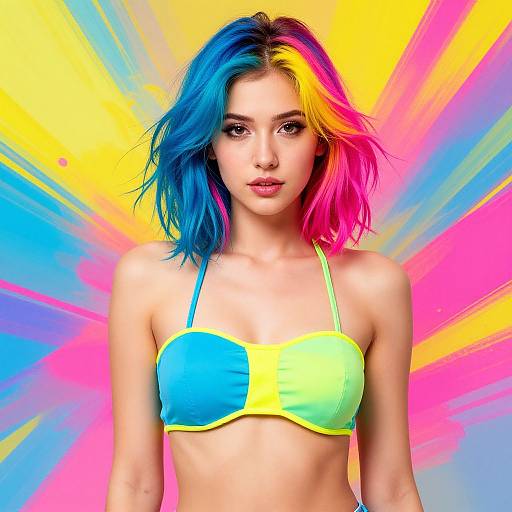 Photograph of a young woman with vibrant blue and pink hair, wearing a split-color blue and yellow bikini top, against a radiant, colorful yellow,