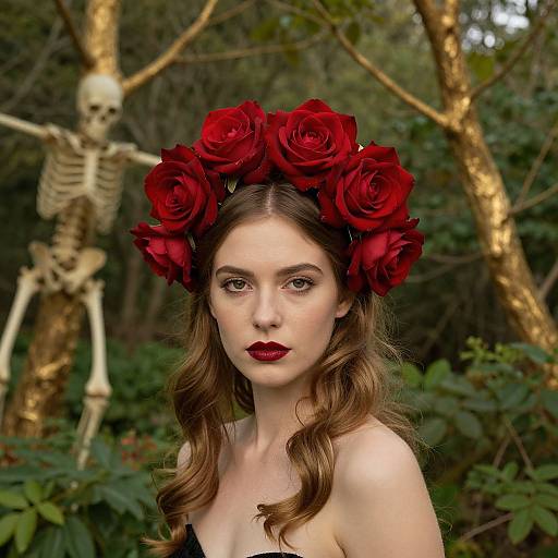 Photograph of pale-skinned woman with red lipstick, wavy brown hair, wearing red rose crown, black strap dress, in forest with skeleton in