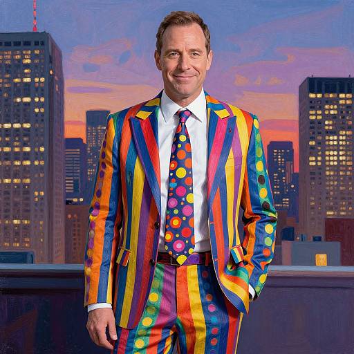 Photograph of a smiling middle-aged man in a colorful striped suit with polka-dot tie, standing on a rooftop at sunset against city skyscrapers