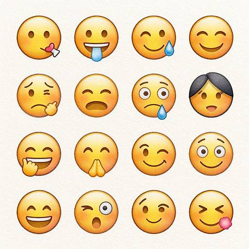 Digital illustration of 16 yellow smiley faces in a 4x4 grid, each displaying different emotions: licking, drooling, sad, crying