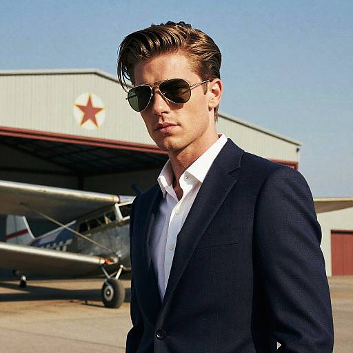 Photograph of a handsome man with slicked-back brown hair, wearing dark sunglasses, a black suit, and white shirt, standing in front of a