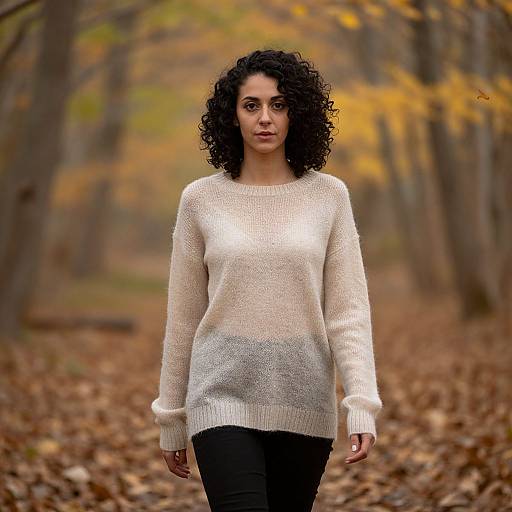 Curly-Haired Woman in Autumn Forest