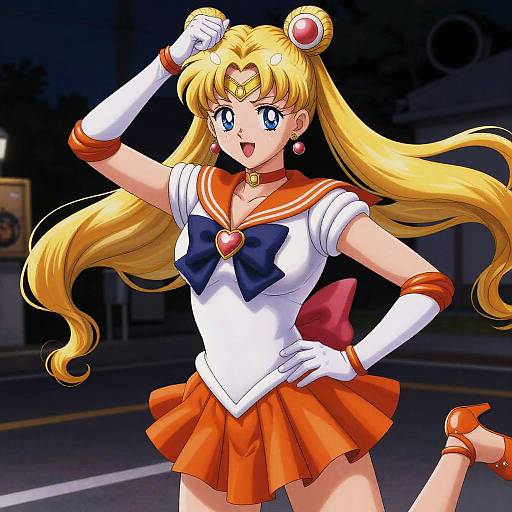 Anime-style drawing of Sailor Moon, with long blonde hair, blue eyes, white sailor outfit, red skirt, gloves, and bow, striking a dynamic