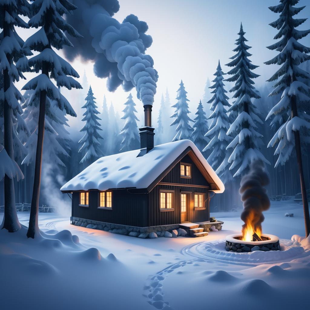 Charming Winter Cottage in Snowy Forest