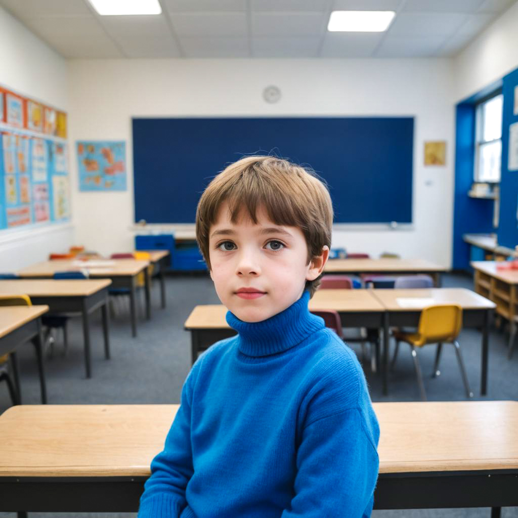 Curious Boy in Bright Classroom Attire