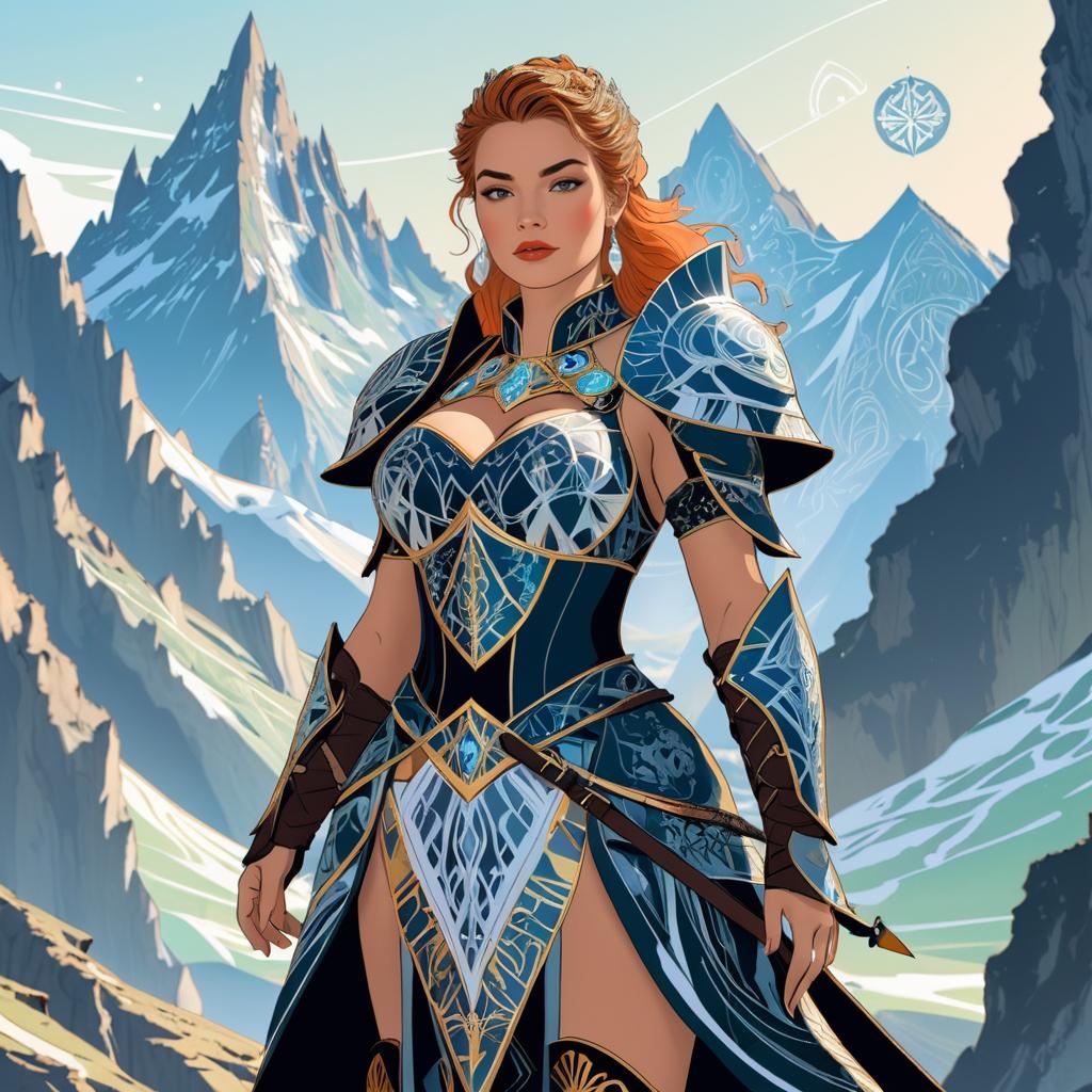 Mystical Female Warrior in Abstract Mountains