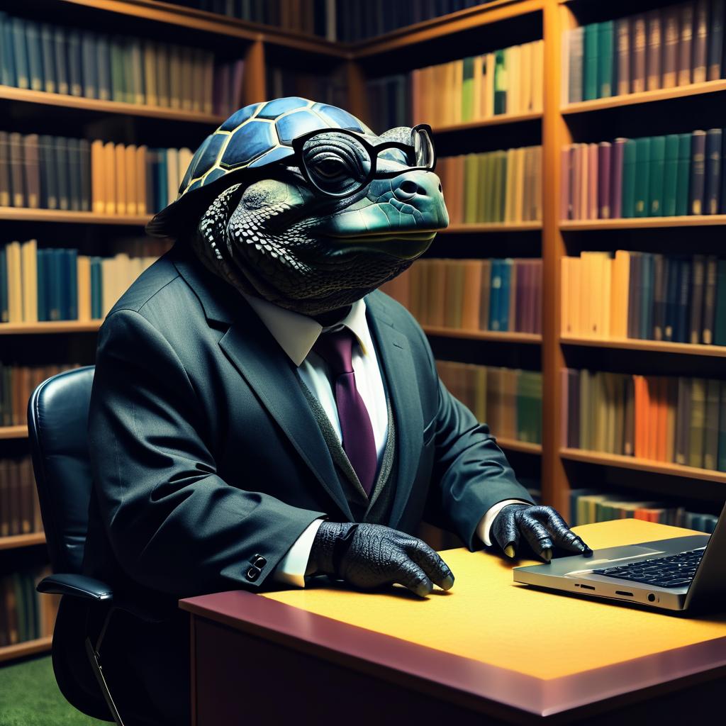 Surreal Tortoise in Twilight Library Scene