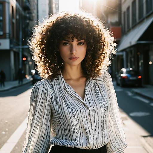 Fashion Model with Curly Fringe Hairstyle in Urban Street