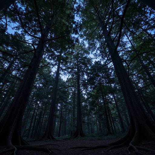 Photograph of a dense, towering pine forest at dusk, with dark, shadowy trunks and a blue-tinted, twilight sky peeking