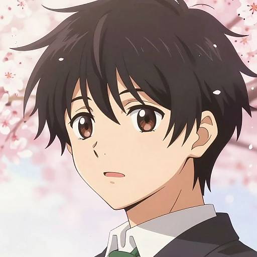 Anime-style digital drawing of a young boy with black, tousled hair, brown eyes, and a white collared shirt, against a cherry blossom background
