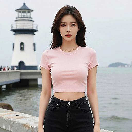 Photograph of an Asian woman with long black hair, wearing a pink crop top and black high-waisted jeans, standing in front of a white