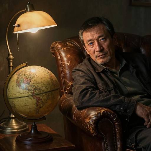 Photograph of middle-aged man with gray hair, brown leather armchair, dark shirt, illuminated globe lamp, and warm, dimly lit background.