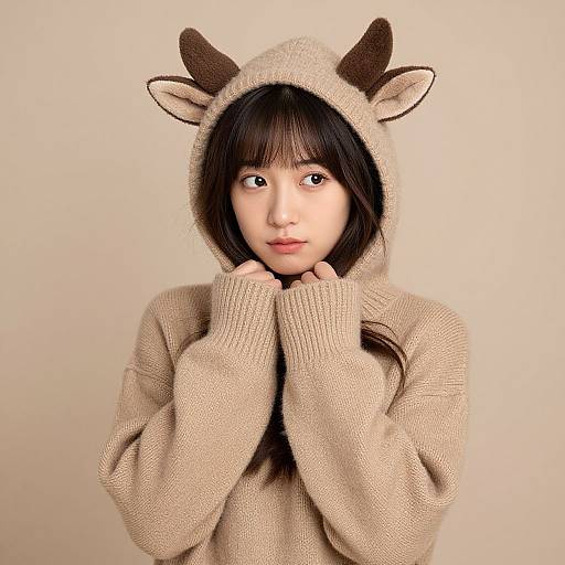 Photograph of an Asian woman with straight black hair, wearing a beige knitted hoodie with deer ears, hands near her face, soft beige background.