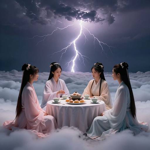 Four Asian women in white kimonos, sitting at a round table with tea and pastries, illuminated by a bright lightning bolt in a cloudy night