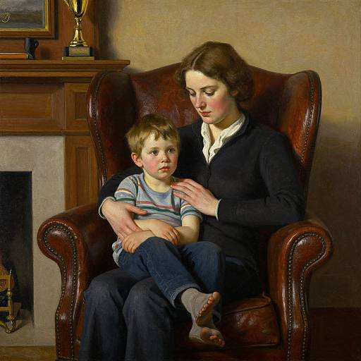 Digital painting of a mother with brown hair, in a black dress, sitting in a leather armchair, holding a young boy with short brown hair in