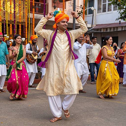 Photograph of a colorful Indian cultural dance performance with men in white kurtas and orange turbans, and women in vibrant sarees, led by