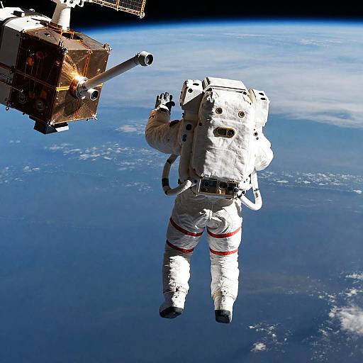 Astronaut Approaching Robotic Satellite Above Earth