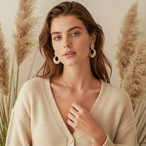 Woman in Beige Cardigan with Necklace and Pampas Grass
