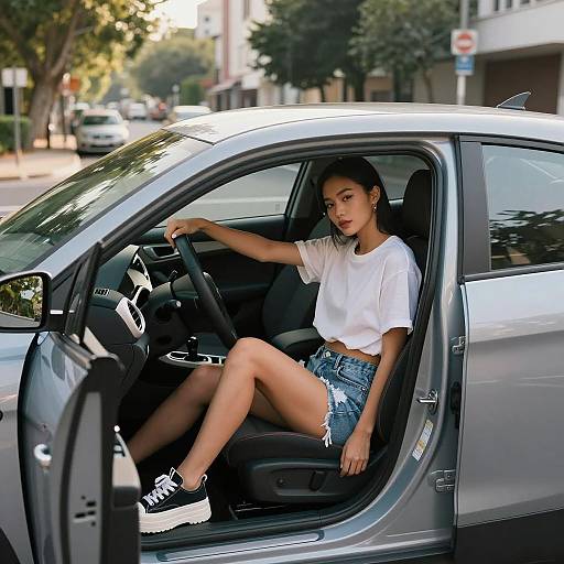 Stylish Asian Woman in Silver Car