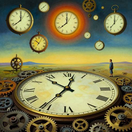 Fantastical digital art: oversized clocks with glowing hands float above a giant clock face, surrounded by gears, with a small figure standing on a grass