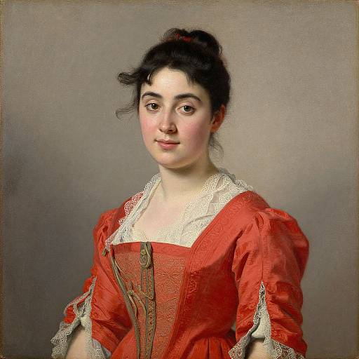 19th-century oil painting of a young woman with fair skin, dark hair in a loose bun, wearing a red dress with white lace trim, and