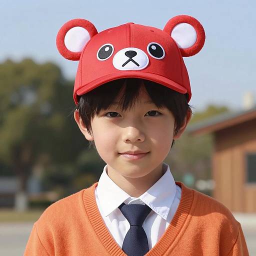 Young Boy Wearing Red Cartoon Bear Hat