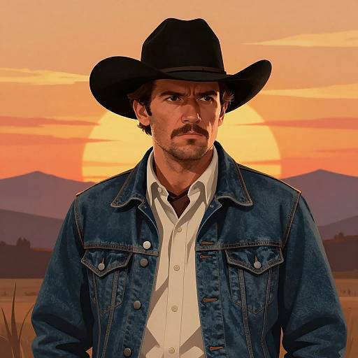 Digital artwork of a serious, mustached man in a black cowboy hat and denim jacket against a vibrant orange sunset background.
