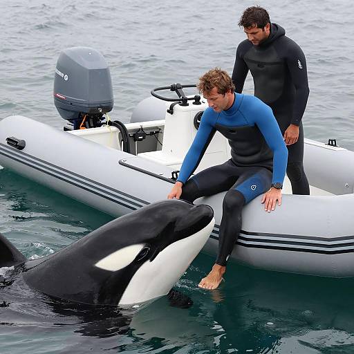Man Interacting with Orca in Inflatable Boat