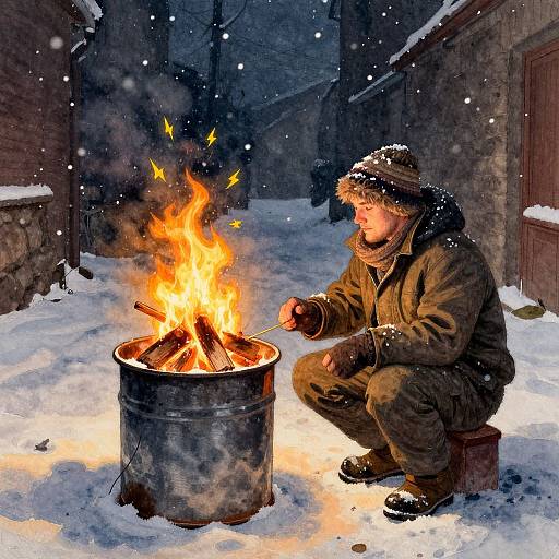 Photograph of a man in winter clothing, squatting by a metal fire pit, burning wood in a snowy alley at night.