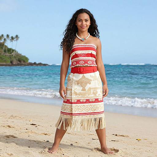 Photograph of a smiling, curly-haired woman with medium brown skin, wearing a red and white patterned, fringed dress, standing on a sunny