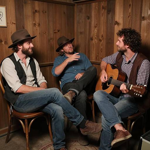 Three Men in Wooden Room with Guitar