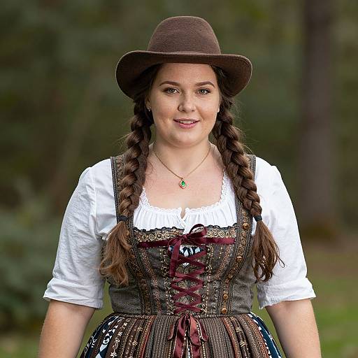 Photograph of a fair-skinned woman with braided brown hair, wearing a brown hat, white blouse, and black, lace-trimmed cor