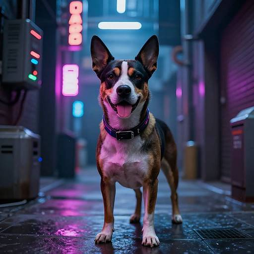 Photograph of a happy, black-and-tan dog with a white chest, standing on a wet, neon-lit urban alleyway, wearing a