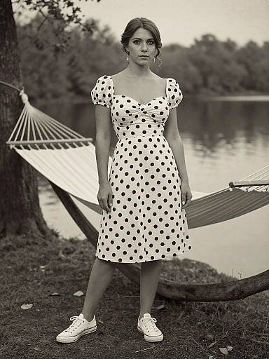 Black-and-white photograph of a young woman with dark hair in a polka dot dress and white sneakers, standing by a lakeside hammock.