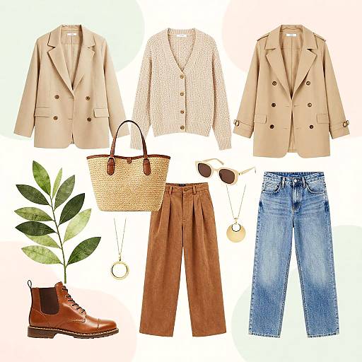 Outfit collage: beige blazers, white knit, brown pants, blue jeans, brown boots, woven bag, sunglasses, gold necklace, green leaf