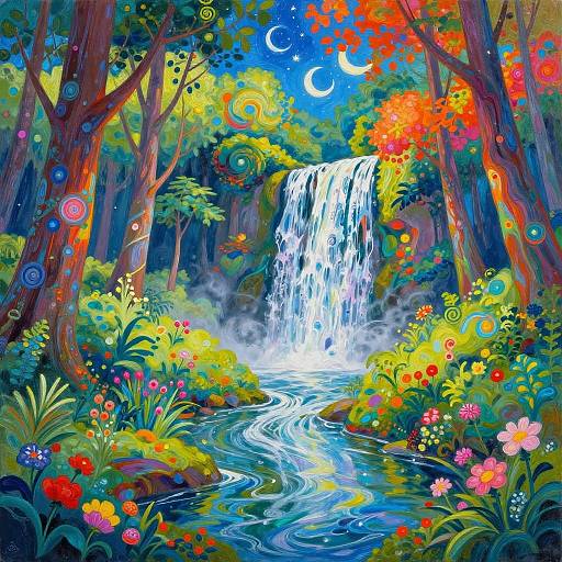 Vibrant Fantasy Forest Waterfall Scene