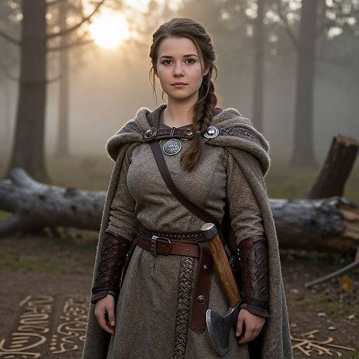 Photograph of a young white woman with brown hair in a braid, wearing a medieval grey cloak and tunic, standing in a foggy forest